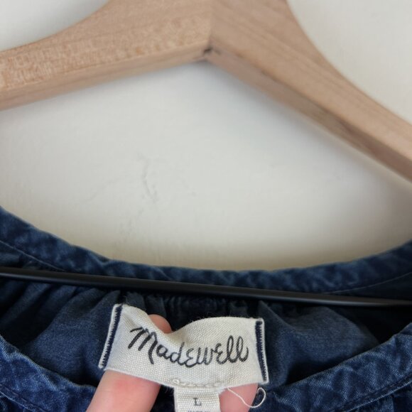 Madewell Indigo Dark Wash Ruffle Hem Chambray Long Sleeve Top - Picture 4 of 6